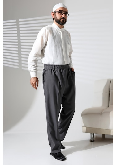 Erkek Beli Lastikli Cepli Hac Ve Umre Kışlık Yün Efektli Şalvar Pantolon - Gri İsr Gri