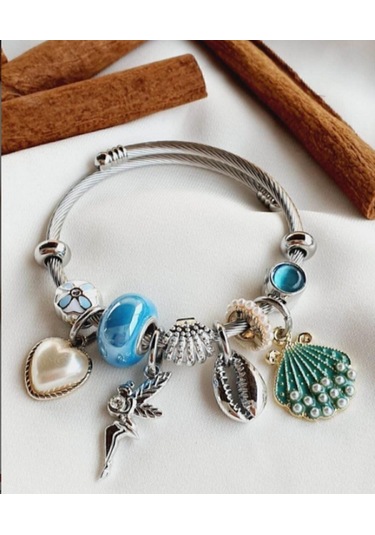 Artepieza Gümüş Renk Mavi Deniz Kabuğu Charmlı Çelik Bileklik