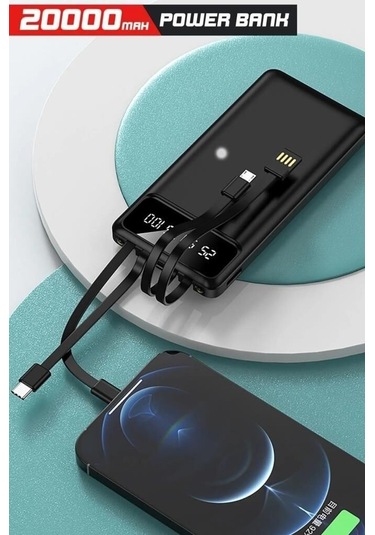 Digital Göstergeli 4 Çıkışlı Fenerli Standli 20.000 Mah Powerbank Siyah