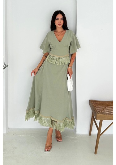 Püsküllü Bluz Etek Takım Haki Haki