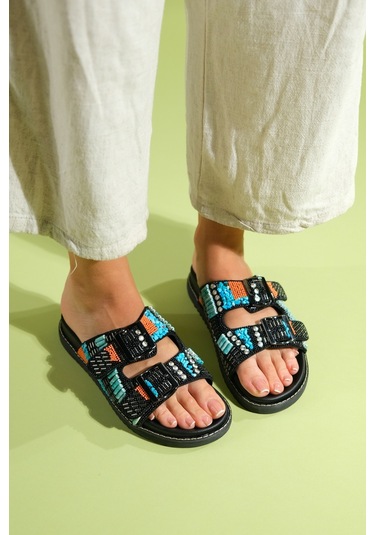 Luvishoes Lanso Siyah Taşlı Çift Bantlı Kadın Terlik Siyah