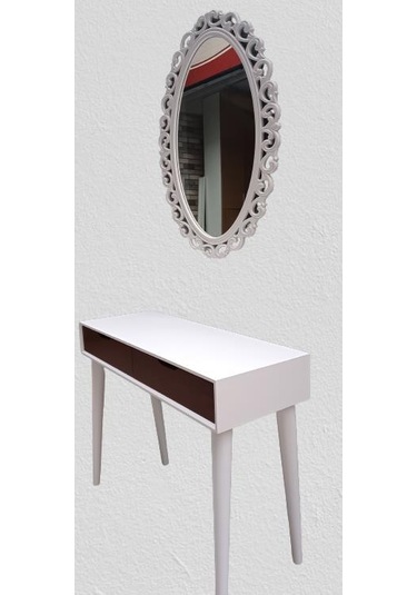 Dresuar Ahşap Kayın Retro Ayak Çift Çekmece Motifli Ayna Beyaz Ceviz El Yapımı Beyaz