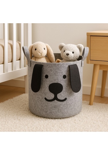 Figürlü Keçe Oyuncak Ve Çamaşır Sepeti Gri