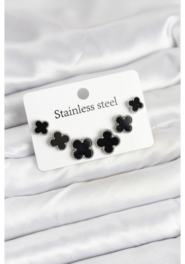 316l Çelik Gümüş Siyah Renk 3 Boy Yonca Küpe Seti Çok Renkli