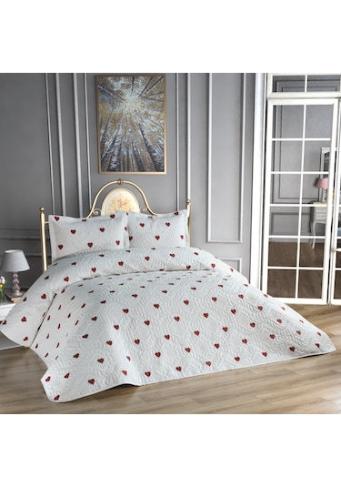 Love Çift Taraflı 3 Parça Çift Kişilik Yatak Örtüsü Beyaz
