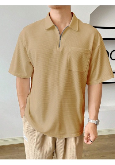 Erkek Oversize Polo Yaka Waffle T-shirt Poloyaka-fermuarlı Bej