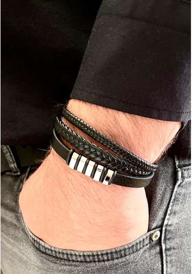 Gns Aksesuar Mixli Trend 3lü Model Siyah Erkek Bileklik 21 Cm Siyah