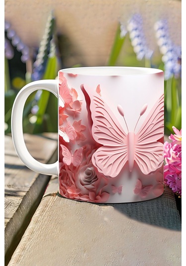 3d Görünümlü Pembe Çiçek Ve Kelebekler No:23 3d Tasarım Baskılı Kupa Bardak Mug Açık Haki