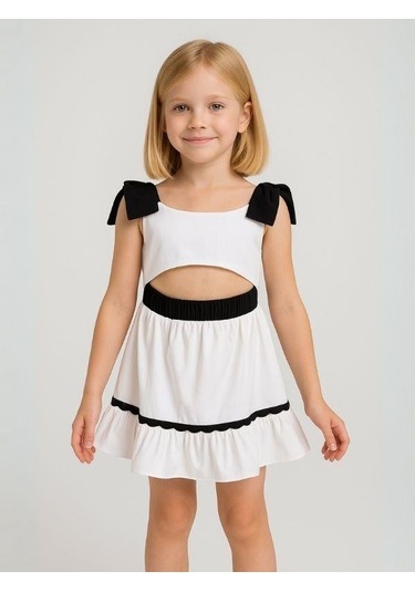 Kız Çocuk Omuzları Fiyonk Detaylı Bel Dekolte Detaylı Elbise-16068 Beyaz