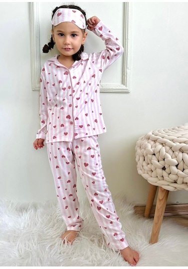 Kız Çocuk Gömlek Yaka Düğme Kapamalı Pijama Takımı Çizgili Kalp Desen Toz Pembe Renk Pembe