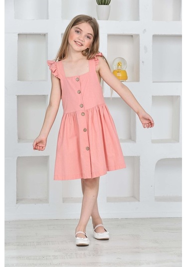 Kız Çocuk %100 Pamuk Keten Elbise 12197 Pudra