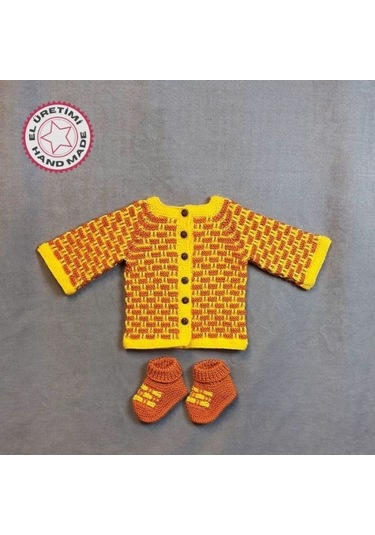 Uretti - Talia 8659 6719 El Örgüsü Erkek Çocuk Hırka - Patik Set - 2 Yaş Sarı