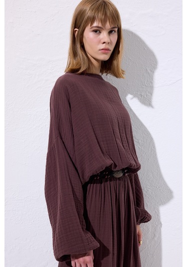 Müslin Beli Büzgülü Elbise Mürdüm Mürdüm