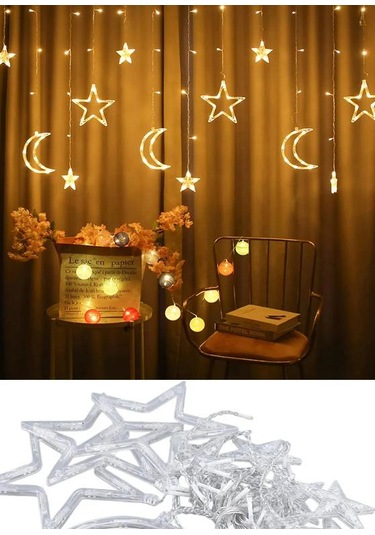 Yıldız Şekilli Led Perde Işık - Sıcak Beyaz Dekoratif Işık Zinciri, Oda Ve Parti Süsleme Işığı Gün Işığı