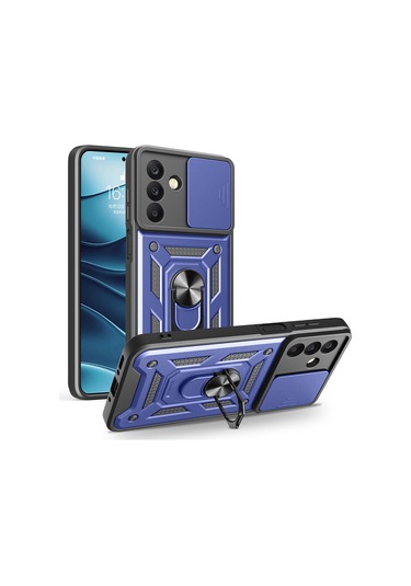 Teknomoda Samsung Galaxy Uyumlu A26 Kılıf Yüzüklü Standlı Sürgülü Kamera Korumalı Tank Sert Silikon Kapak Mavi