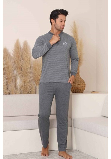 Alimer Erkek 3 Düğmeli Çizgili Desen %100 Pamuk Uzun Manşetli Kol Cepli Pijama Takımı Antrasit
