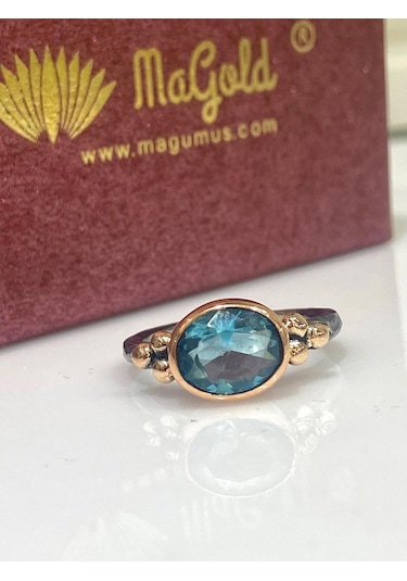 Magümüş El Üretim Doğal Oval Akuamarin Otantik 925 Ayar Gümüş Yüzük