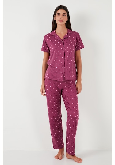 Lela Desenli Regular Fit Gömlek Yaka Bayan Pijama Takımı 65750101 Mürdüm