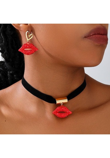 Kadınlar Bayanlar İçin Moda Seksi Ve Çekici Alev Kırmızısı Dudaklar Takı Seti Kırmızı