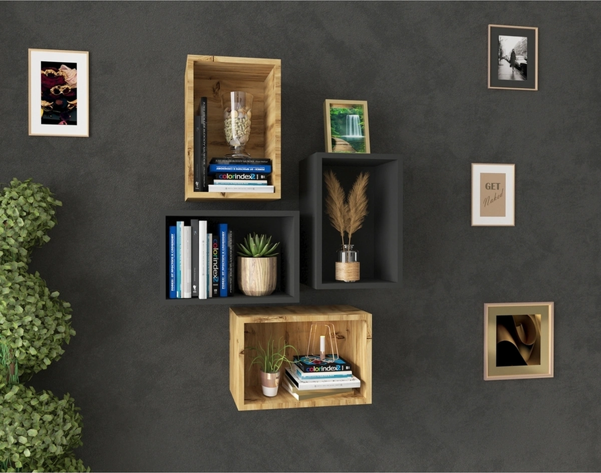 Kitaplık Dikdörtgen Duvar Rafı Arkalıklı Mobilya Takım Antrasit Atlantik Çam Atlantik Çam Antrasit