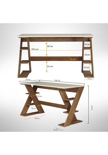 Pasific Home Lungo Raflı Çalışma Masası, Ofis Masası, 60X140 Cm, Koyu Meşe&Beyaz