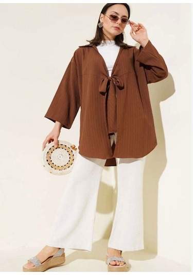 Lovie Moda Kadın Ön Bağcıklı Kimono Kahve Kahverengi