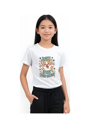 Just Stay Paw Baskılı Kız Çocuk Tişört Ve Eşofman Alt-üst Takım Beyaz