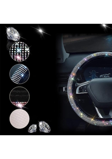 Beyaz Pu Deri Güzel Bling Bling Rhinestone İle Kristal Araba Direksiyon Kapağı