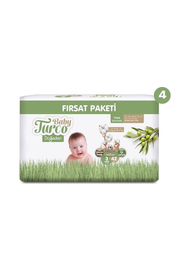 Baby Turco Doğadan Mega Fırsat Paketi Bebek Bezi 3 Numara 168 Adet 4'lü