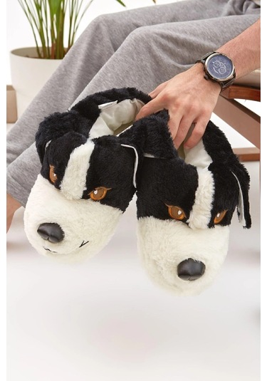 Siyah Hayvanlı Sessiz Taban Panduf Sevimli Köpek Figürlü Peluş Ev Ayakkabısı Siyah