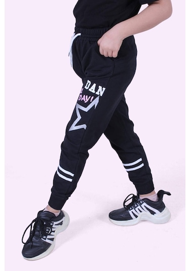 Yıldız Detaylı Yazı Baskılı Kız Çocuk Eşofman Altı Siyah