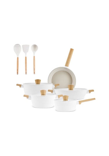 Karaca X Refika Swiss Crystal Purelıne İndüksiyon Tabanlı Servis Gereçli 12 Parça Tencere Seti Almond Cream Bej