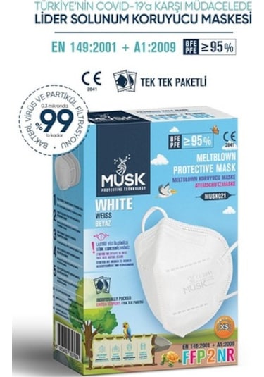 Musk N95 Çocuk Maske Beyaz Renk Xs 10 Adet