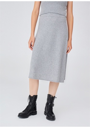 Peraluna Kloş Kesim Kaşmir Karışım Diz Altı Triko Etek Gri Melanj