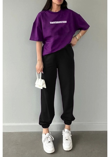 Thatssofetch Mor T-shirt Siyah Eşofman Altı Jogger - Baskılı Alt Üst Takım Bisiklet Yaka Mor Siyah