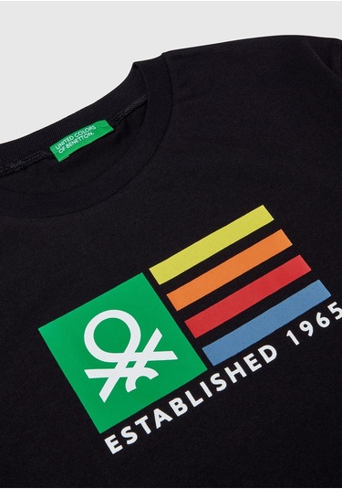 Erkek Çocuk Fıstık Yeşili Benetton Logo Baskılı T-shirt Siyah