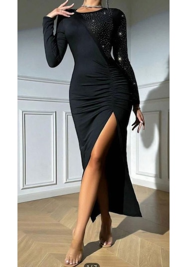 Nnstartshopping Kadın Krep Dalgıç Kumaş Taş Aksesuarlı Yırtmaç Detaylı Uzun Kollu Elbise Siyah