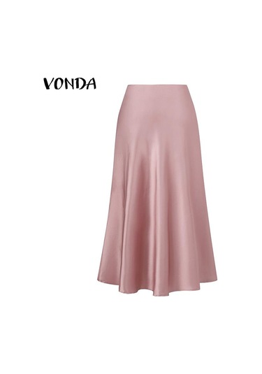 Vonda Kadın Yaz Yüksek Bel Düz Renk Bol Kloş Etek Haki
