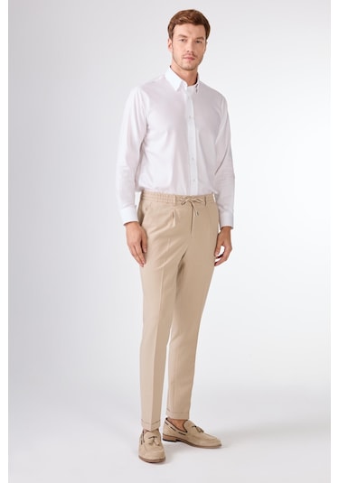 Dufy Bej Gofre Desen Pileli Jogger Slim Fit Erkek Pantolon Bej