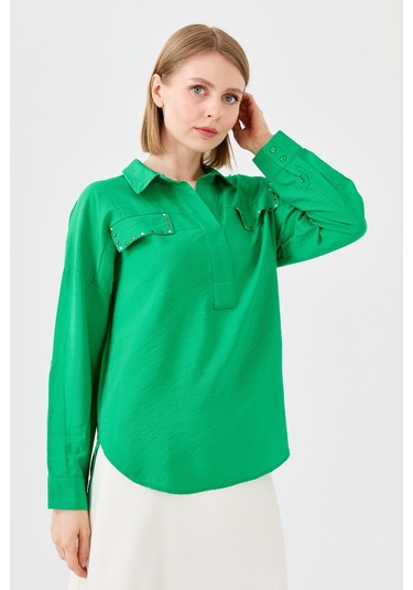 Kadın Polo Yaka Cepli Bluz Yeşil Yeşil