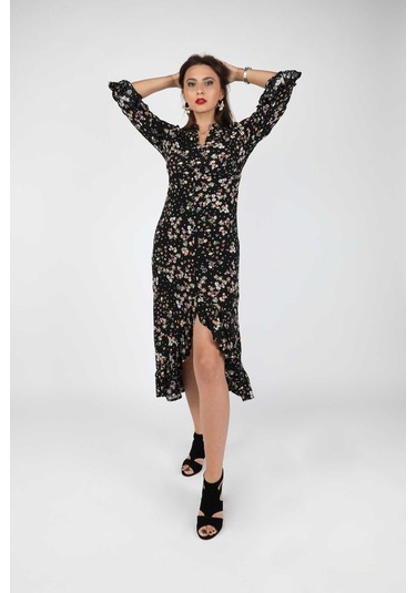 Kadın Çiçekli Viskon Elbise Siyah