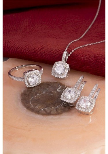 925 Ayar Gümüş Rodyumlu Zirkon Taşlı Kare Bayan Takı Seti -8226 Gümüş
