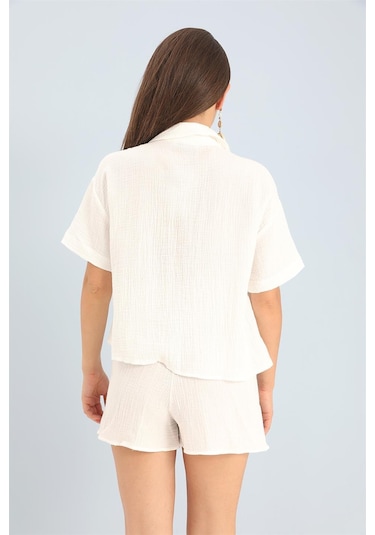 Takım Müslin Gömlek Şort - Ekru-ekru Ekru