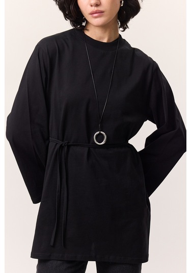 Bağlama Detaylı Oversıze Tshırt Siyah Siyah