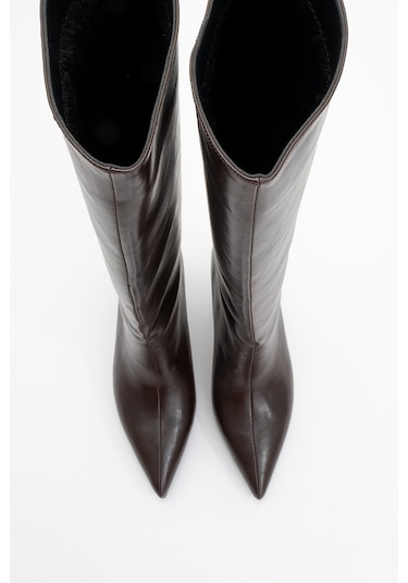 Camila Kahverengi Cilt Kadın Topuklu Çizme Kahverengi Deri