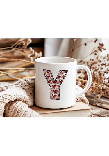 Y Harfi Aşk Temalı Kupa - Kalp Desenli Kişiye Özel Romantik Sevgililer Günü Kahve Kupası Beyaz