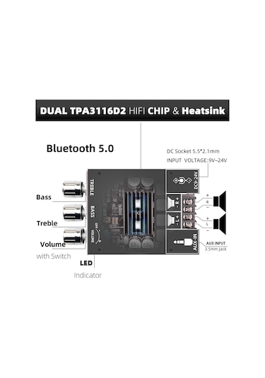Zk-1002t Tiz Ve Bas Kontrollü Bt Ve Aux Girişli Amfi Kartı