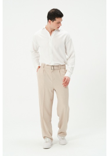 Erkek Yıkamalı Keten Bol Paça Pileli Yeni Sezon Pantolon Bej