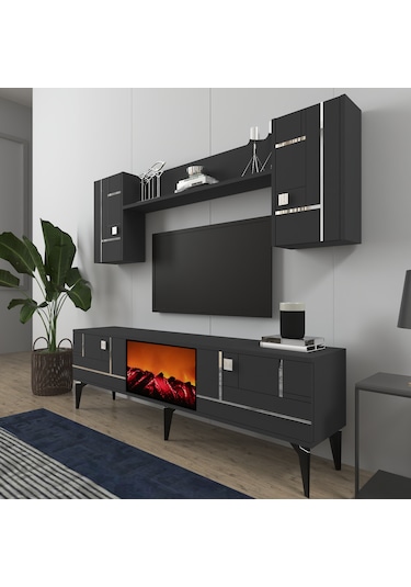 Maddera Şömineli Tv Ünitesi Takımı Antrasit-gümüş
