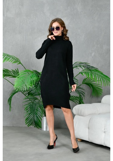 Kadın Balıkçı Yaka Kışlık Triko Elbise Siyah